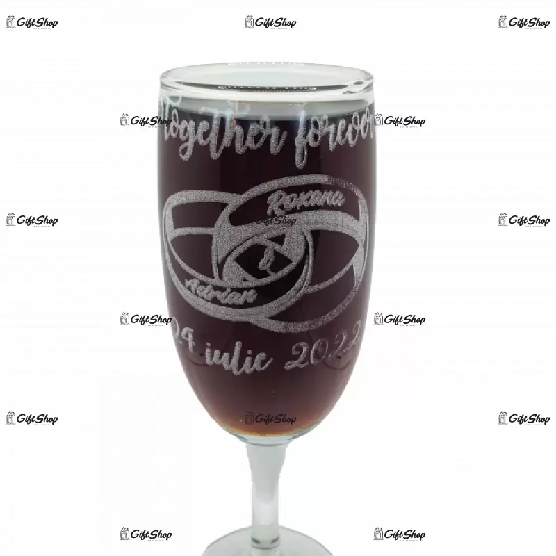 Together forever,( se adauga data si numele dorit ), model verighete, pahar cu mesaj